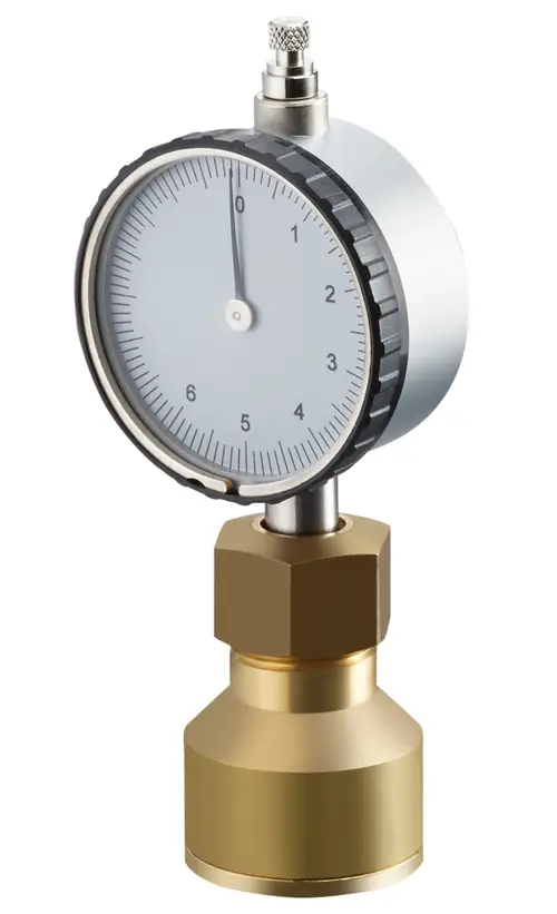 Messgerät zur Kontrolle der Voreinstellwerte von Thermostatventilen, gefertigt von Oventrop. Mit analoguhr und einer metallischen Anschlussbasis für die Installation.